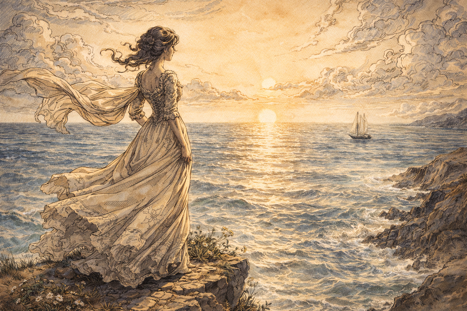 A sketch of a woman standing on a cliff looking at the sea in a fancy art style thumbnail 8