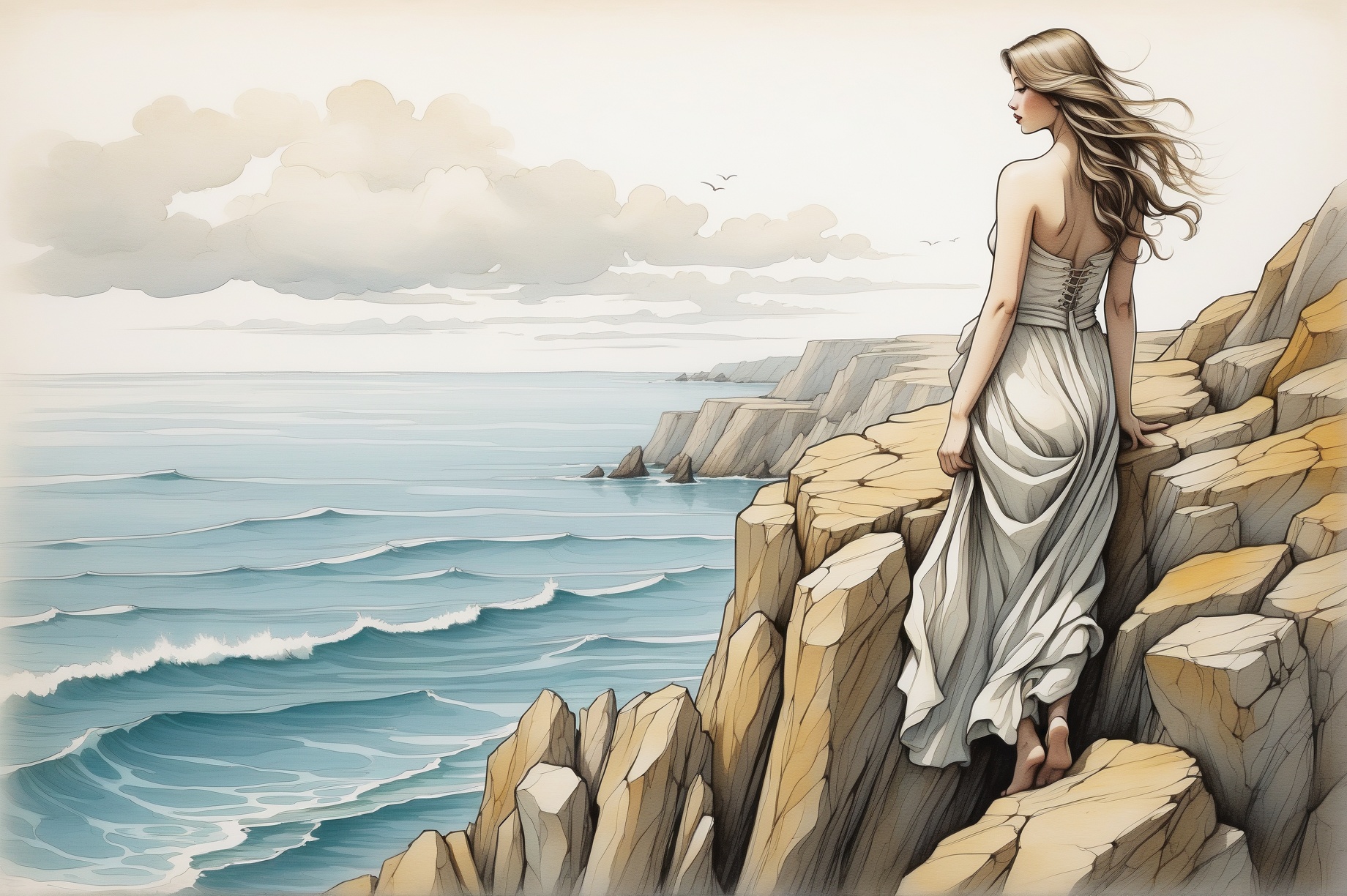 A sketch of a woman standing on a cliff looking at the sea in a fancy art style thumbnail 4