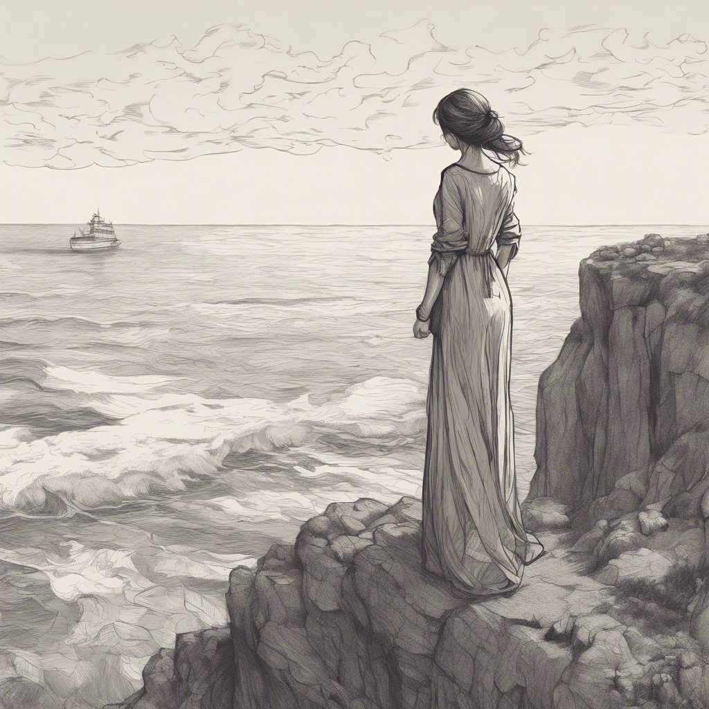 A sketch of a woman standing on a cliff looking at the sea in a fancy art style thumbnail 2