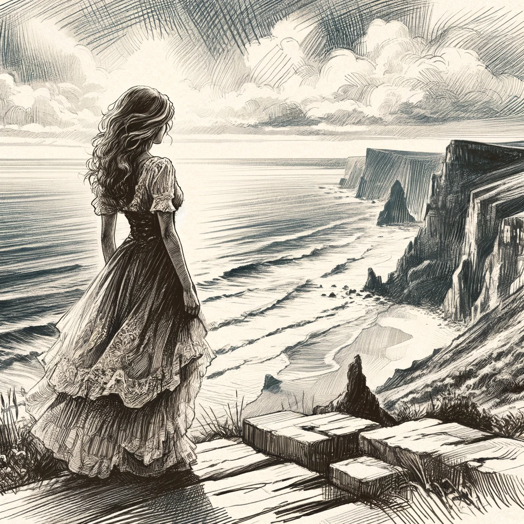 A sketch of a woman standing on a cliff looking at the sea in a fancy art style thumbnail 3