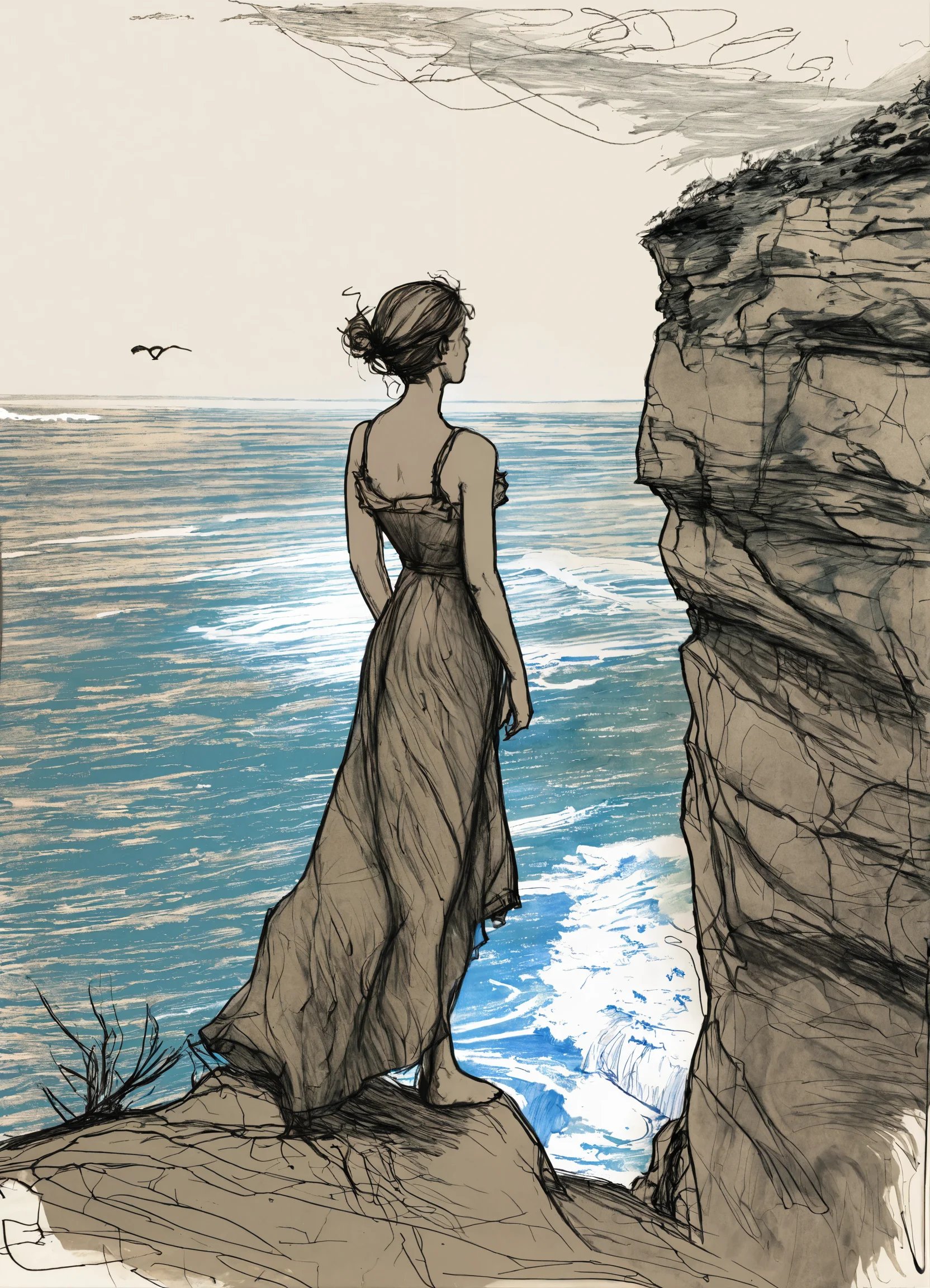 A sketch of a woman standing on a cliff looking at the sea in a fancy art style