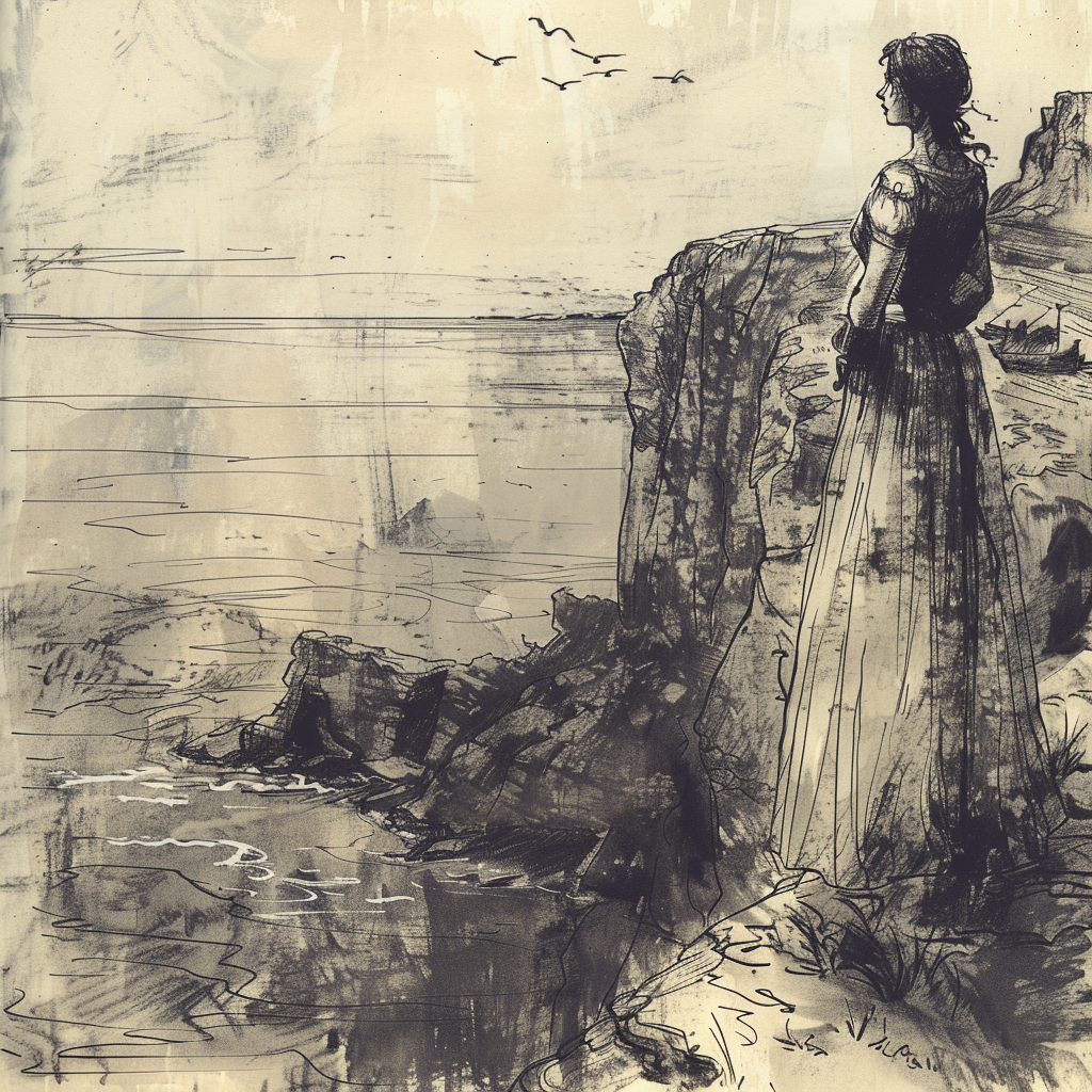 A sketch of a woman standing on a cliff looking at the sea in a fancy art style thumbnail 7