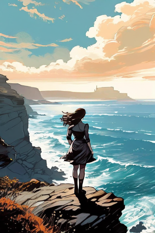 A sketch of a woman standing on a cliff looking at the sea in a fancy art style thumbnail 6