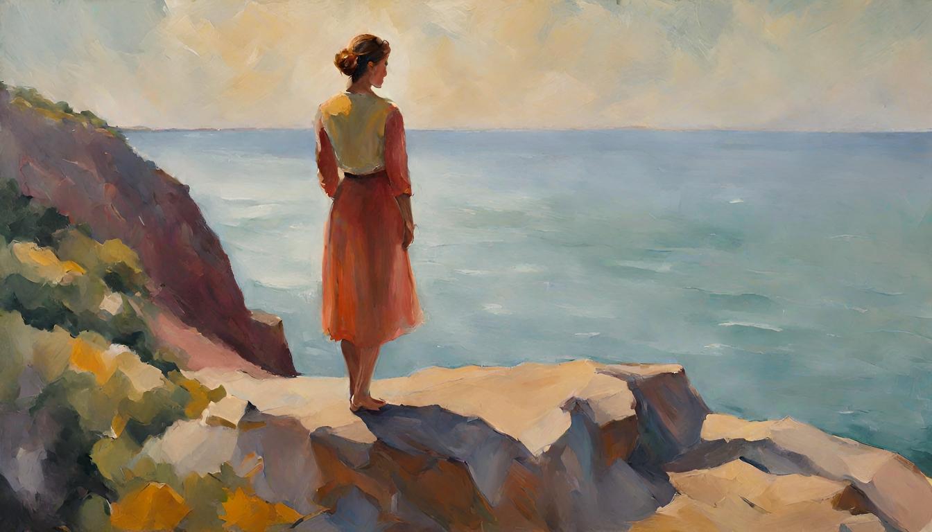 A sketch of a woman standing on a cliff looking at the sea in a fancy art style thumbnail 5